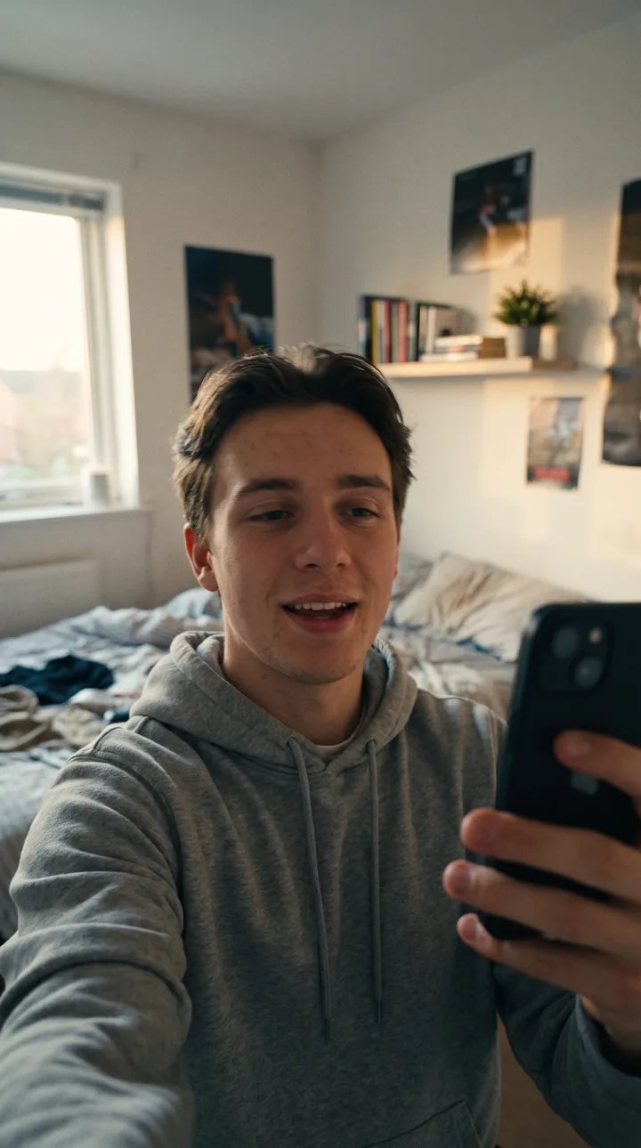 Creator filming a selfie video in a bedroom