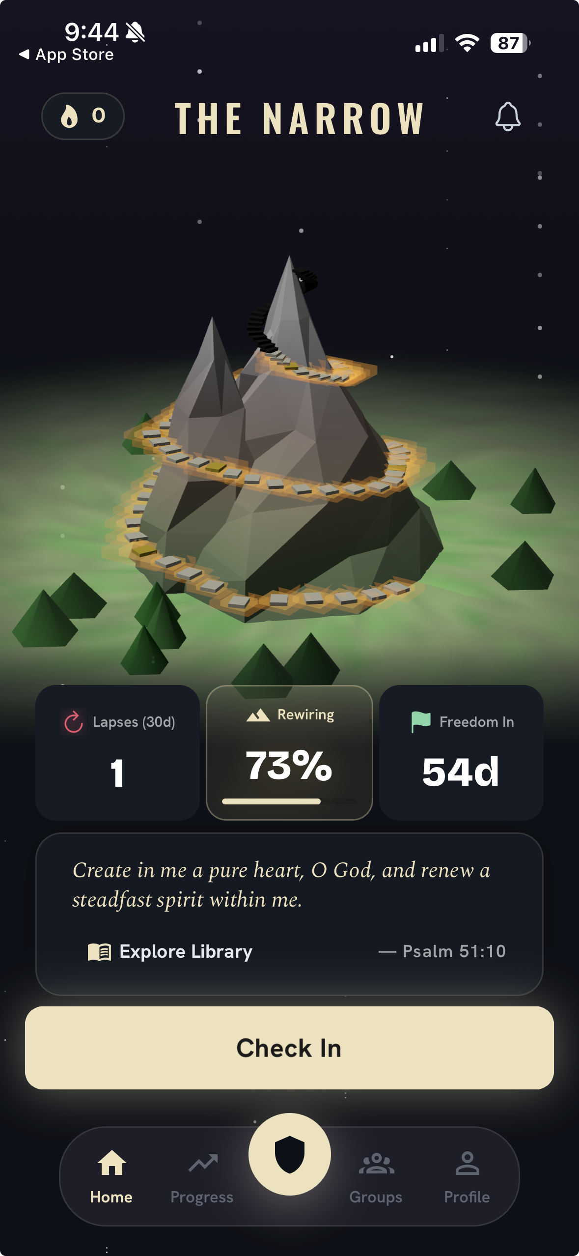 The Narrow app home screen, showing the current streak and today's check-in