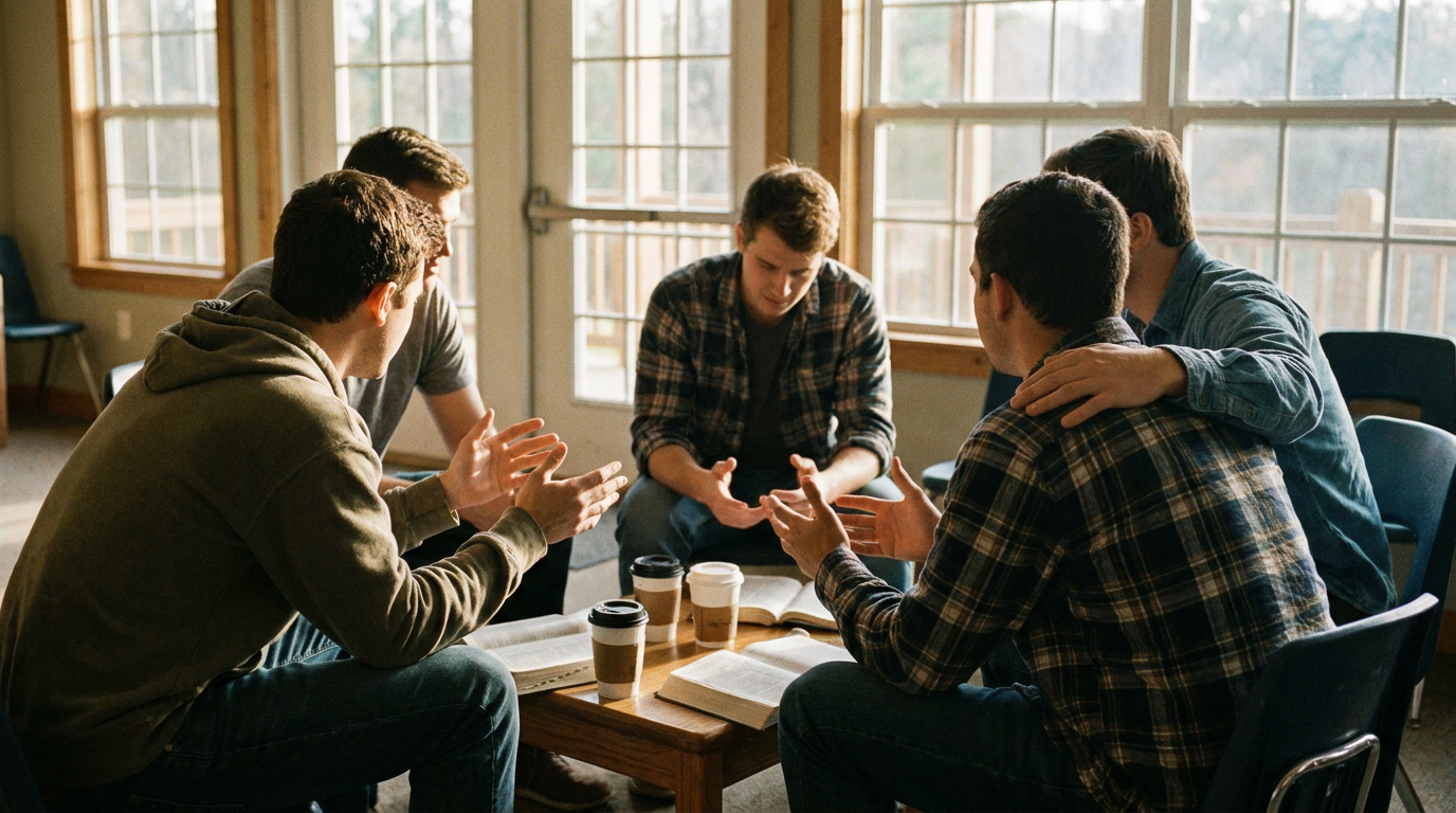 Men's group talking around a table